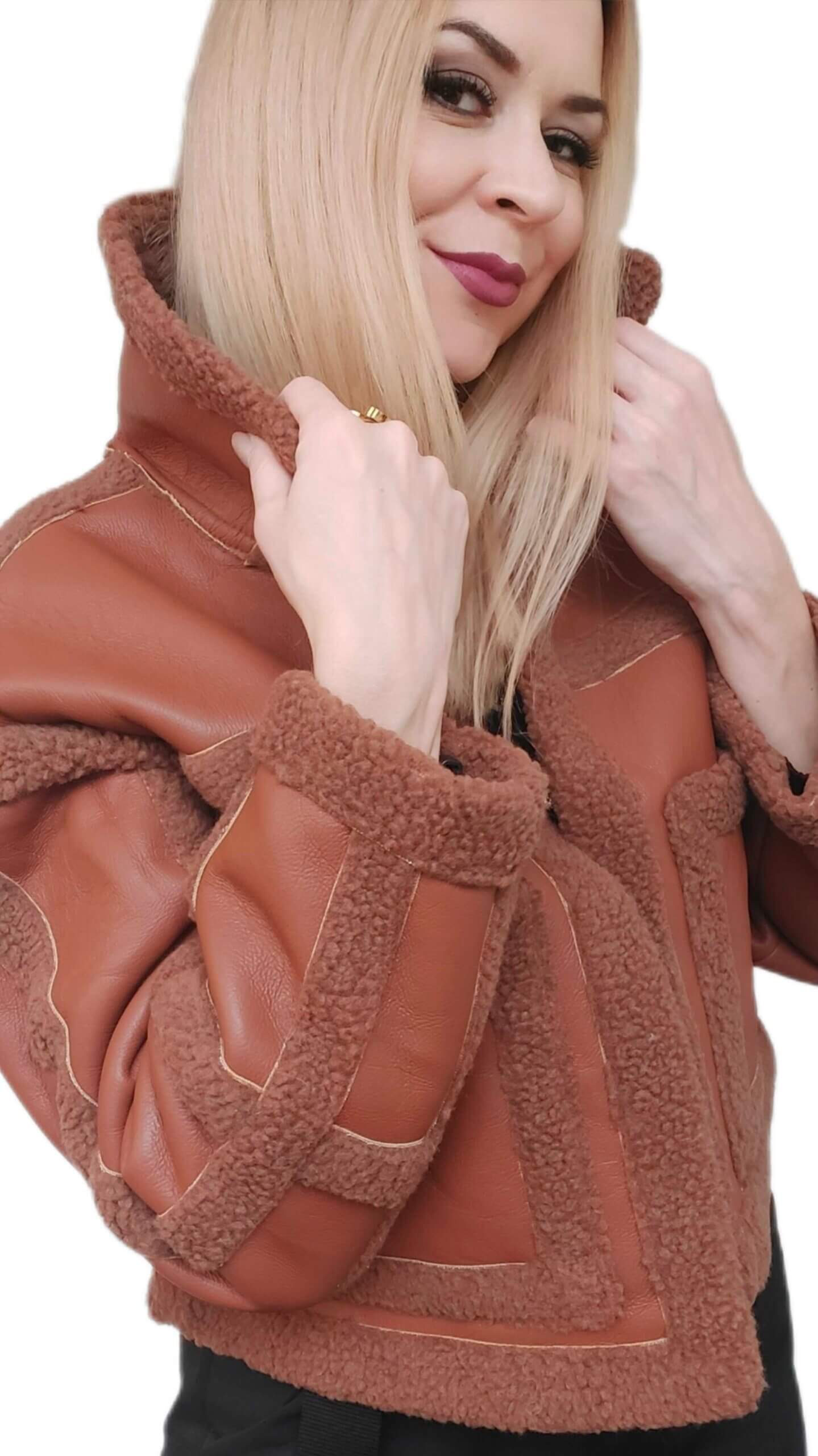 Hnedá koženková bunda Teddy MarySha Krásna móda