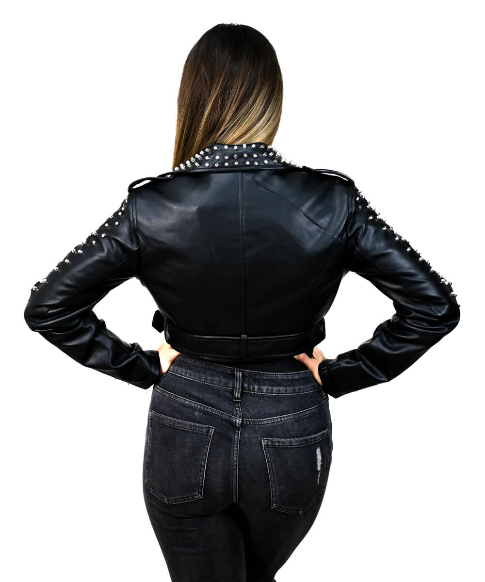 Motorkárska bunda s cvočkami čierna MarySha zozadu