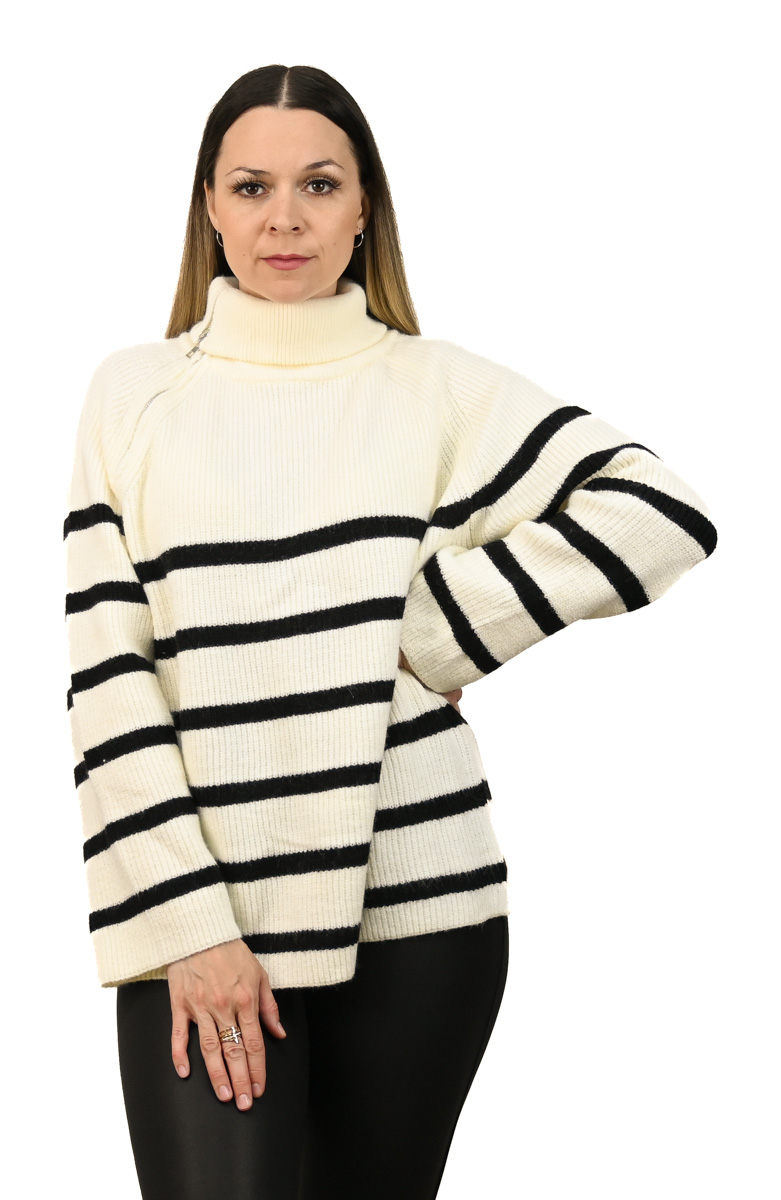 Pletený pruhovaný sveter Lara biely zazipsovaný golier