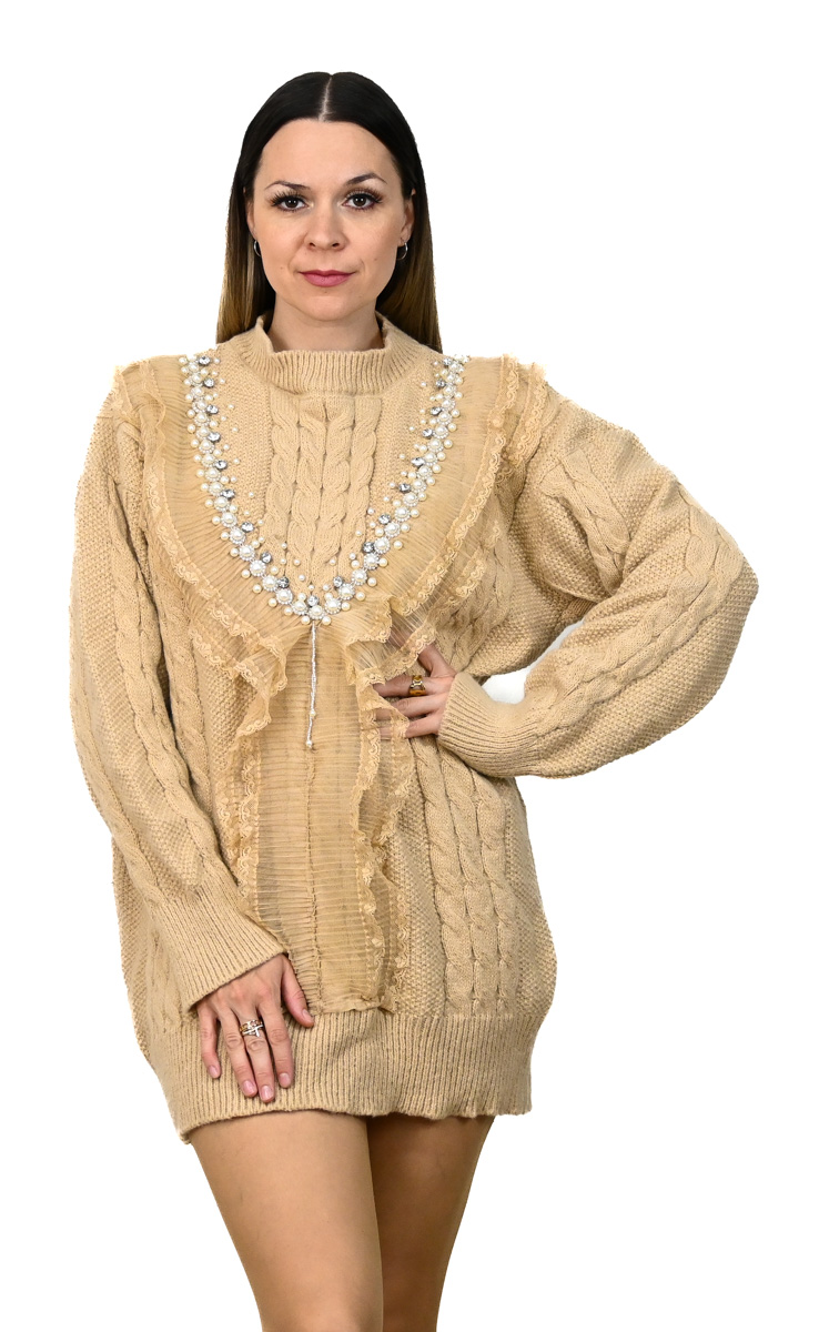 Pletený sveter Pletený dlhý sveter s perličkami béžový spredu