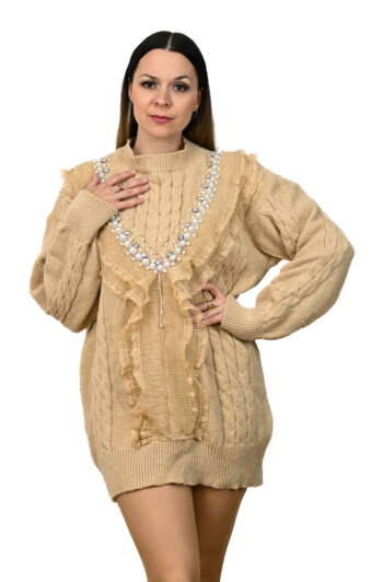 Pletený sveter Pletený dlhý sveter s perličkami béžový MarySha