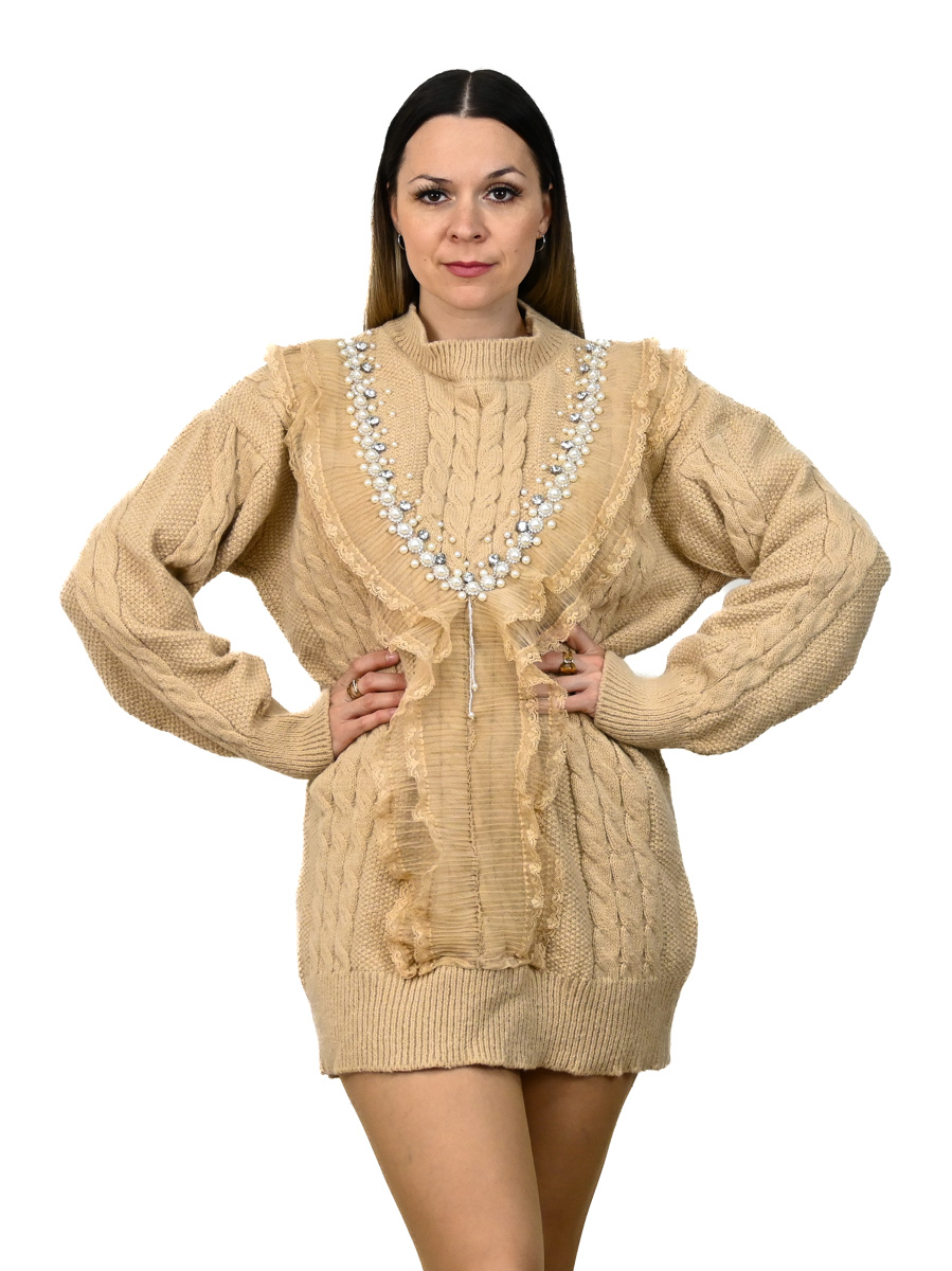Pletený sveter Pletený dlhý sveter s perličkami béžový Krásna móda