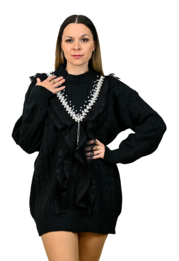 Pletený sveter Pletený dlhý sveter s perličkami čierny MarySha