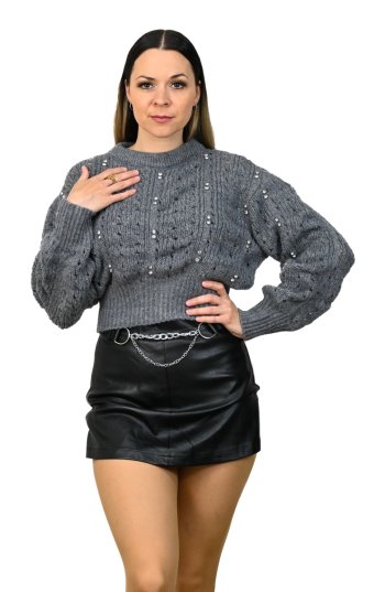 Pletený sveter so zirkónmi šedý sveter Ricco MarySha