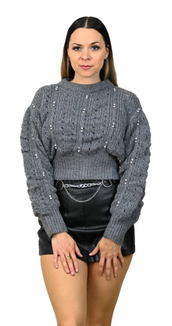 Pletený sveter so zirkónmi šedý sveter Ricco ruky dole