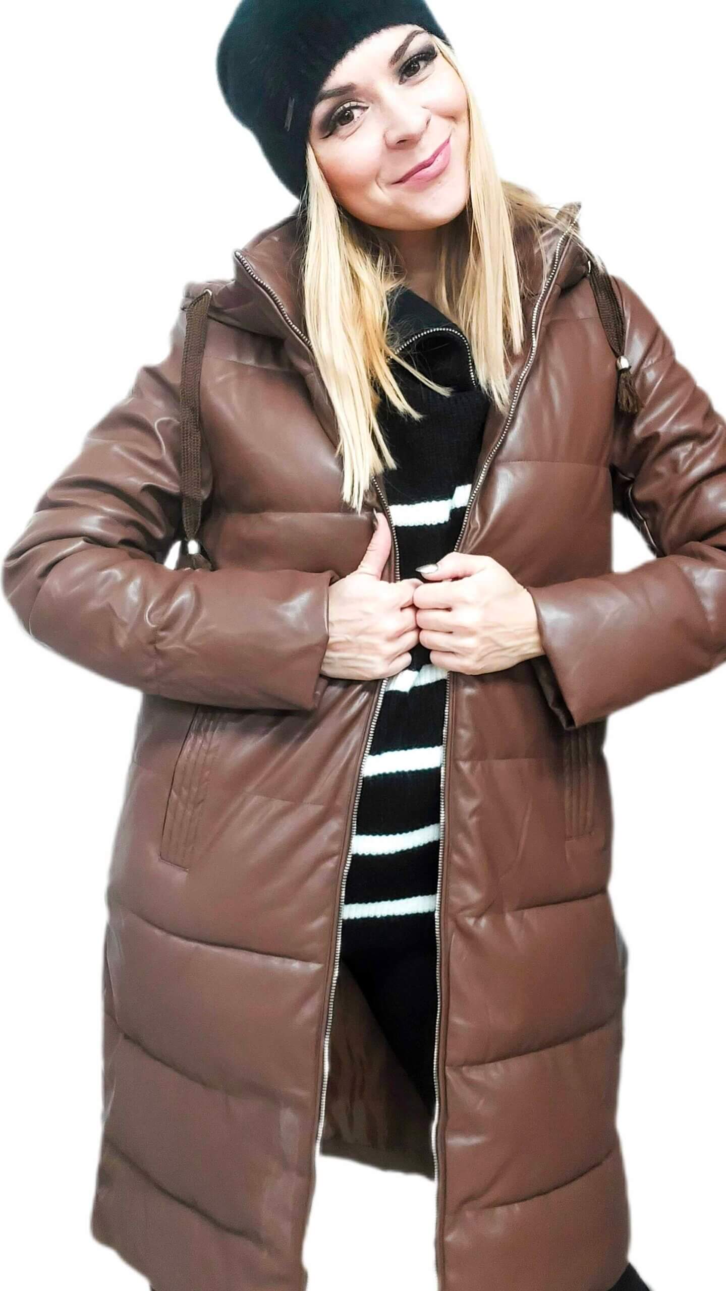 Prešívaná bunda so zipsami Emily hnedá rozopnutá