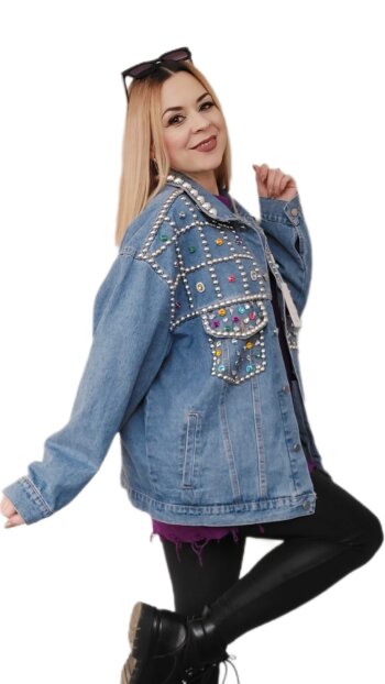 Oversize rifľová bunda s kamienkami Krásna móda profil